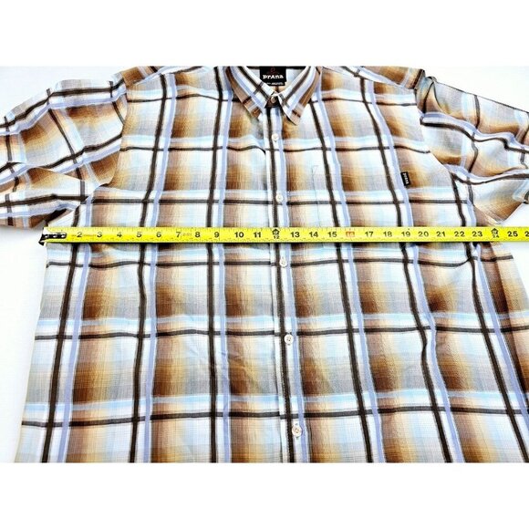 Prana Sz XL Mens Brown Gray Camel Blue Check Short Sleeve Neck Pocket Logo Shirt - Picture 3 of 13